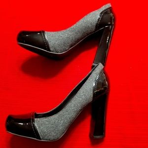Tahari ally grey wool black cuban heel pump almond
